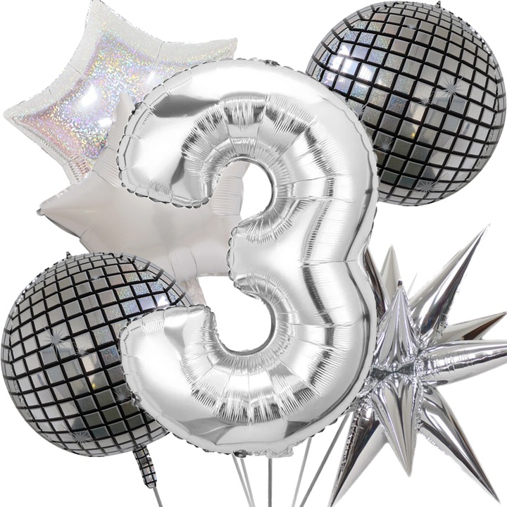 Tema disco laser pentru ziua de nastere de 3 ani, 81 cm numarul 3, set de 6 piese