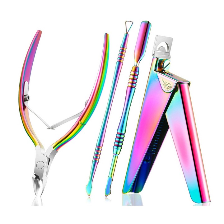 Set unghiere si instrumente manichiura, inox, multicolor, 4 piese