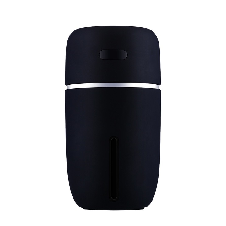 Hordozható párásító, 7 színű LED éjszakai lámpa, csendes működés, USB, fekete, 300 ml