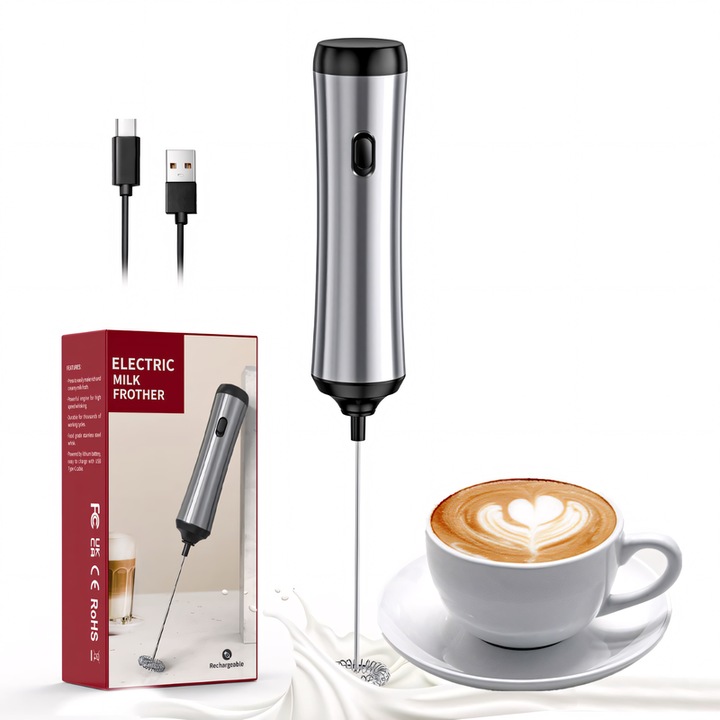 Tel de spumare lapte, reincarcabil USB, pentru cafea, ciocolata calda, frappe, latte, matcha