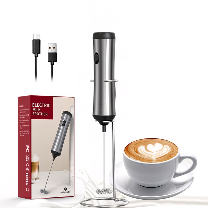 Set accesoriu spumat lapte electric, reincarcabil cu USB, pentru cafea, ciocolata calda, smoothie, Latte, Matcha