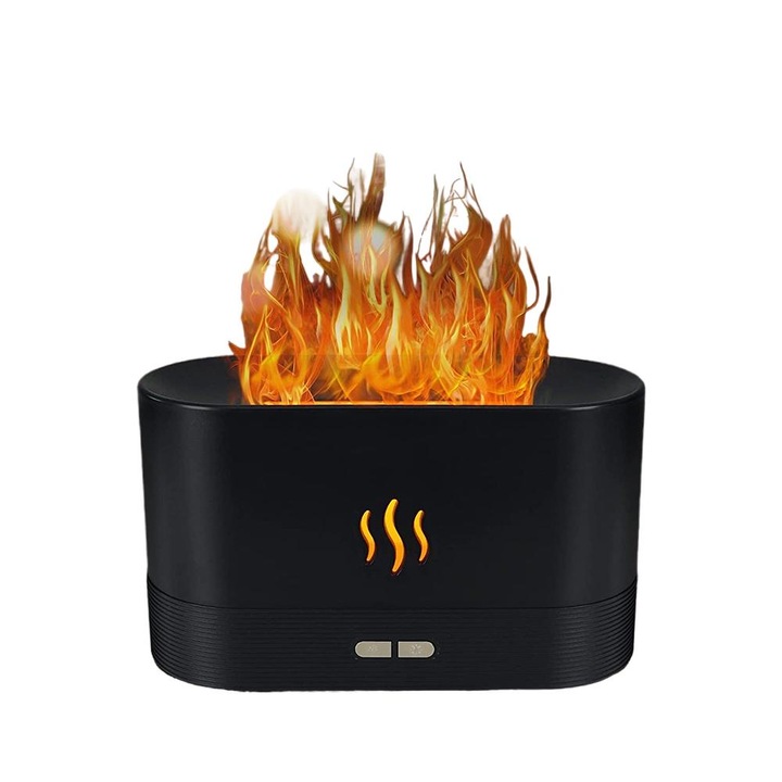 Lánghatású párásító, éjszakai fény 2 intenzitású, automatikus kikapcsolás víz nélkül, fekete, 171x75x101mm