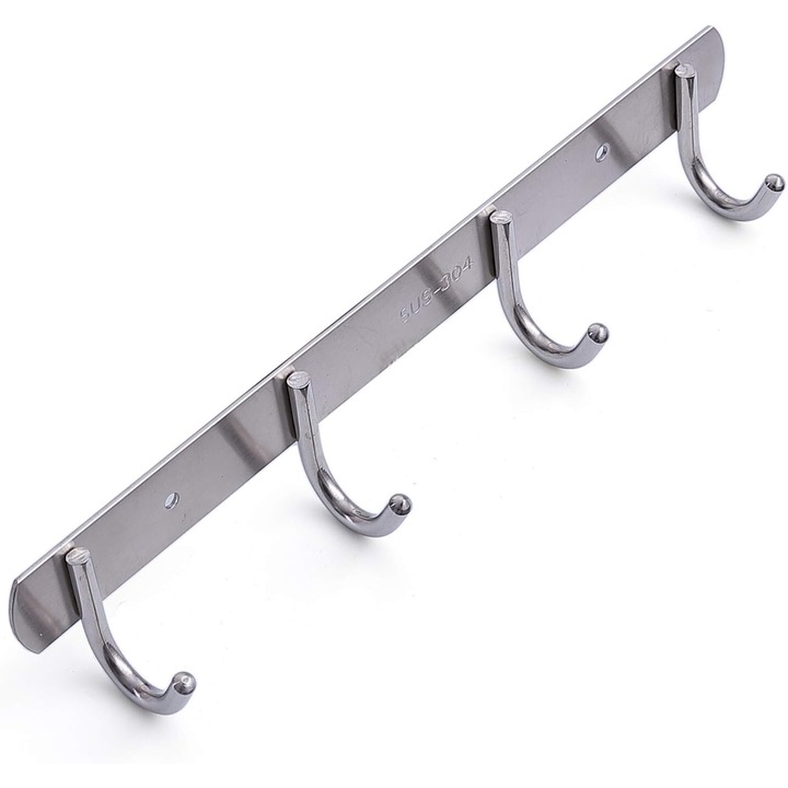 Fali kabát fogas, rozsdamentes acél, 4 akasztó, ezüst