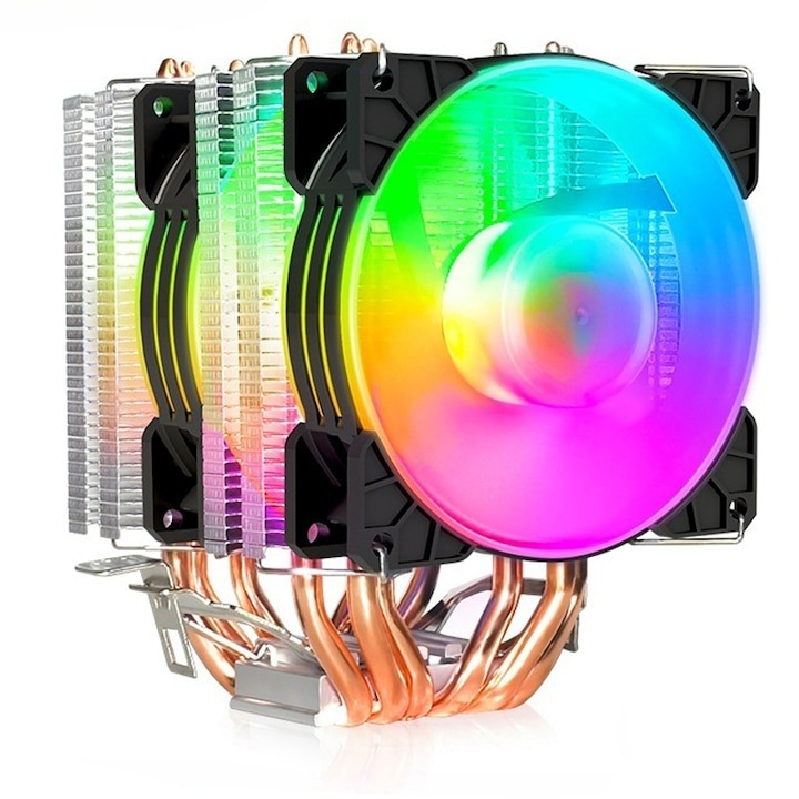 Cooler procesor, ventilator dublu CPU cu RGB, 6 conducte de caldura, 4 PIN, Intel AMD compatibil, Universal, WALALLA, multicolor