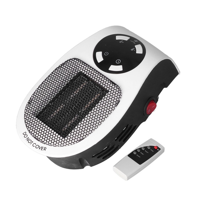 Hordozható elektromos melegítő, fekete-fehér, 11x11,5x7,5 cm, távirányítóval