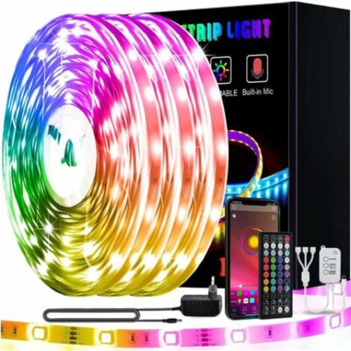Banda LED RGB, lumina ambientala, sincronizare cu ritmul muzicii, telecomanda 44 taste, multicolor, 15m