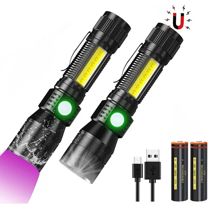 Фенер с UV лампа 395nm, COB, водоустойчив, USB зареждане, 3000mAh