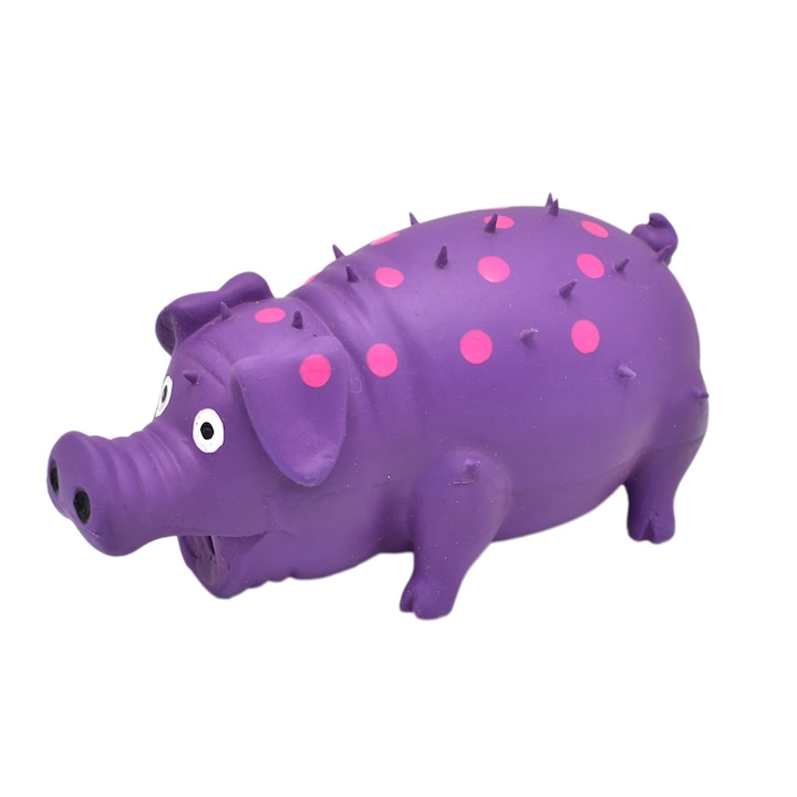 BOMSTOM kutyajáték, natúr latex csikorgó malac, fogtisztítás, lila, 18cm