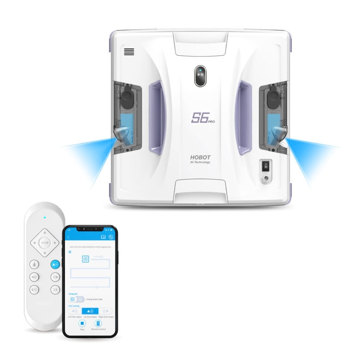 Робот за миене на прозорци Hobot S6 pro, Вграден контейнер, Вибриращи мопове, Ефективни микрофибърни подложки, Бял