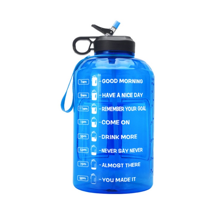Sticla de apa cu accesorii bonus, marcator de timp, capace rezistente la scurgeri, deschidere lata pentru gura, portabil, plastic fara Bpa, ideal pentru fitness, calatorii, 1 galon, albastru