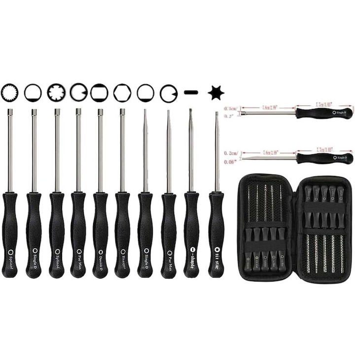 12 db-os csavarhúzó készlet karburátorhoz, acél, 6 tisztítókefe, hordtáska, ezüst/fekete