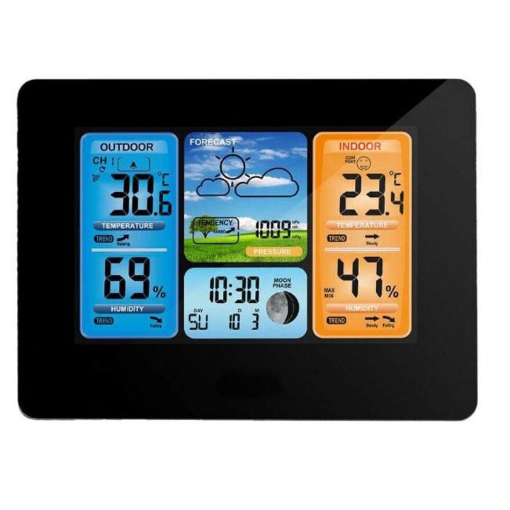 Statie meteo digitala, Plastic, Termometru / Higrometru / Barometru / Fazele lunii, Cablu USB, 17.5 x 13.5 x 7 cm, Negru