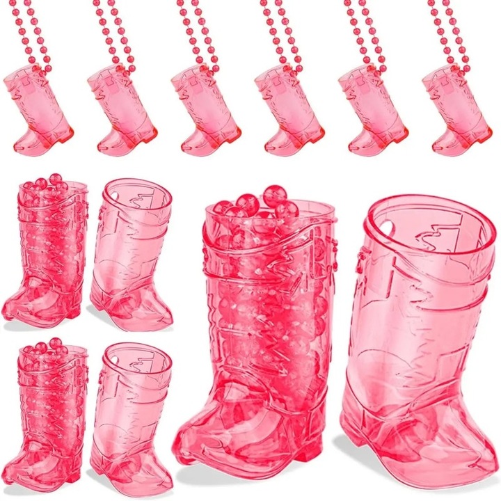Set 12 Pahare Shot in Forma de Cizma Cowgirl, Aooyaoo, Plastic Transparent Roz, cu Coliere, 5x6.6cm