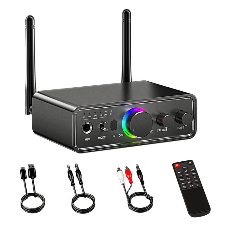 Adaptor Bluetooth 5.3, JESWO®, AUX/RCA/Coaxial/Optical/Type C/USB/Microfon, Android/IOS, 1200mAh, Suporta telefonul mobil/tableta/calculatorul/televizorul, Negru