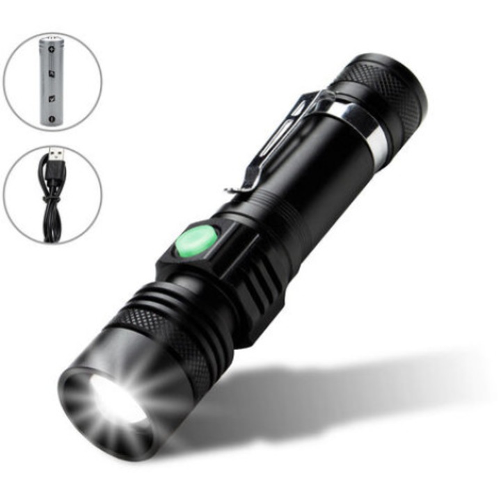 LED фенер, акумулаторен, USB, 4 режима на светене, водоустойчивост IPX4, преносим, черен