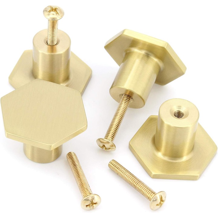 Manere si butoane din alama masiva, AMRINUGL, design hexagonal modern, finisaj auriu periat, set complet cu suruburi