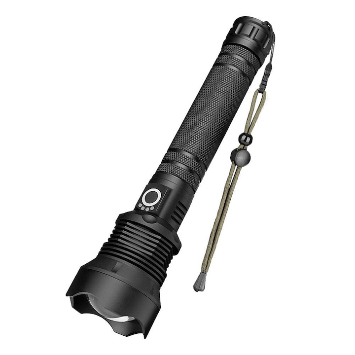 LED фенер, Alloy, Акумулаторен, 90 000 lm, USB, Черен, 24,8 x 6 x 3,3 cm