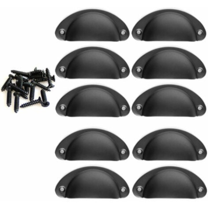Set 10 manere retro pentru mobilier, Fier, Negru, 82x35 mm