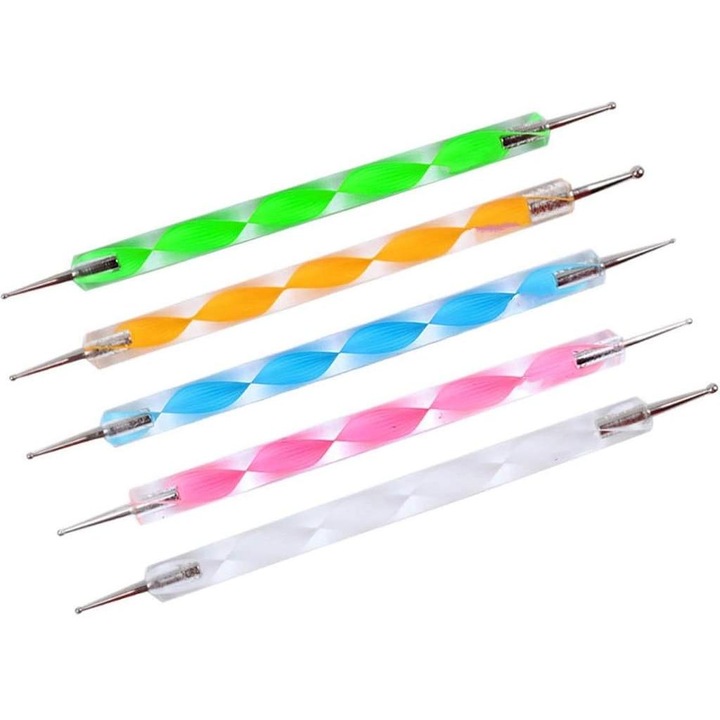 Set 5 unelte pentru puncte, instrumente nail art, 2 capete, multicolor, pentru unghii acrilice