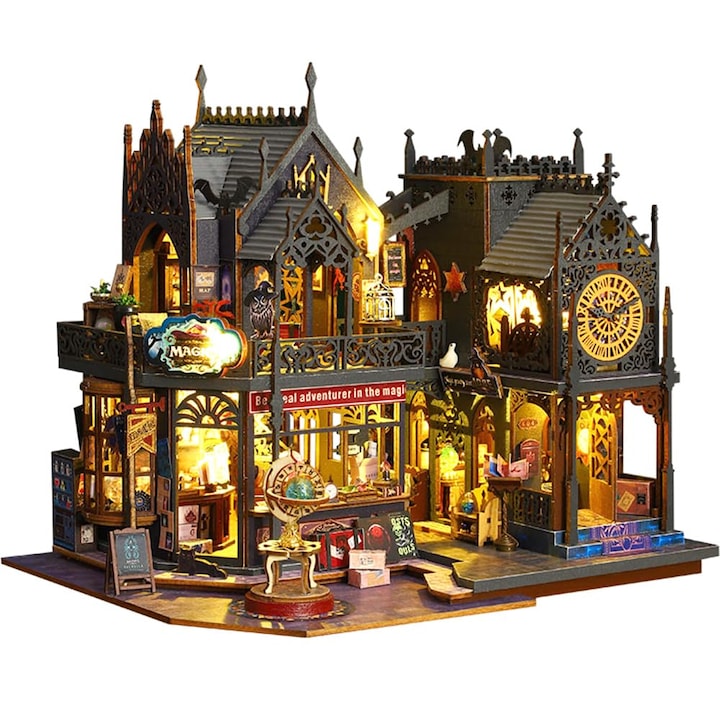 3D puzzle szett, barkácsolás miniatűr babaház, porvédő huzattal és zenedobozsal, felnőtt ajándéknak, WALALLA, többszínű