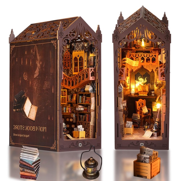 DIY könyvkészlet, Kreatív 3D fa puzzle LED-es fényű könyvespolc dekoráció tiniknek és felnőtteknek, Magic Bookstore, WALALLA