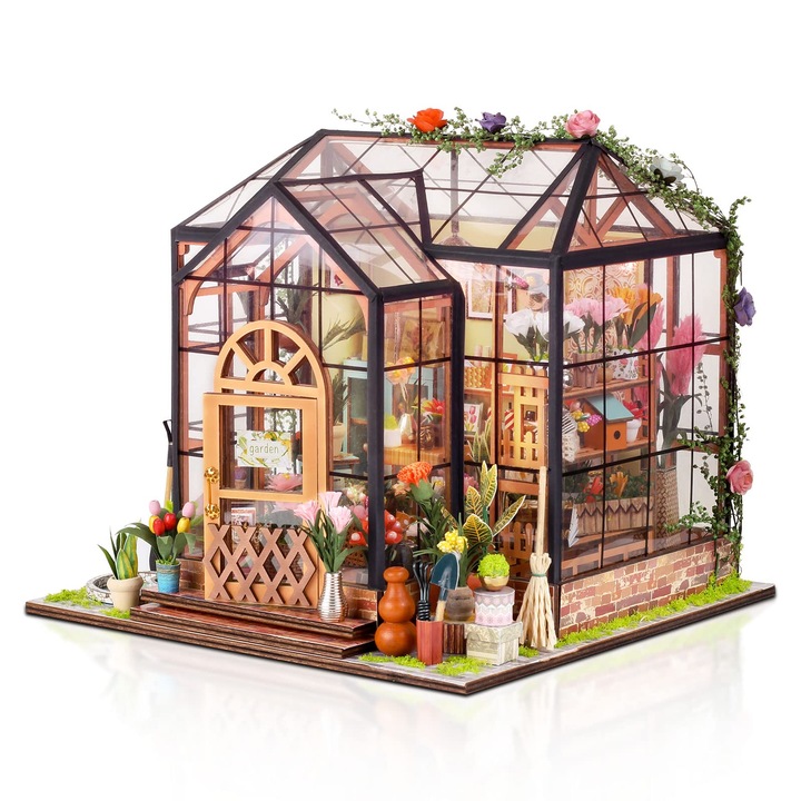 Babaház miniatűr készlet, Jenny Greenhouse Flower Shop, bútorokkal, 1:24 méretarány, dekorációhoz és kollekcióhoz, zöld, 3D, WALALLA