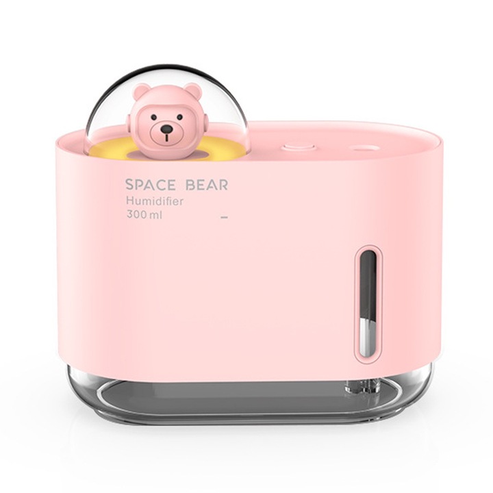 Hordozható párásító éjszakai fénnyel, 2 permetezési móddal, automatikus kikapcsolással, USB, rózsaszín