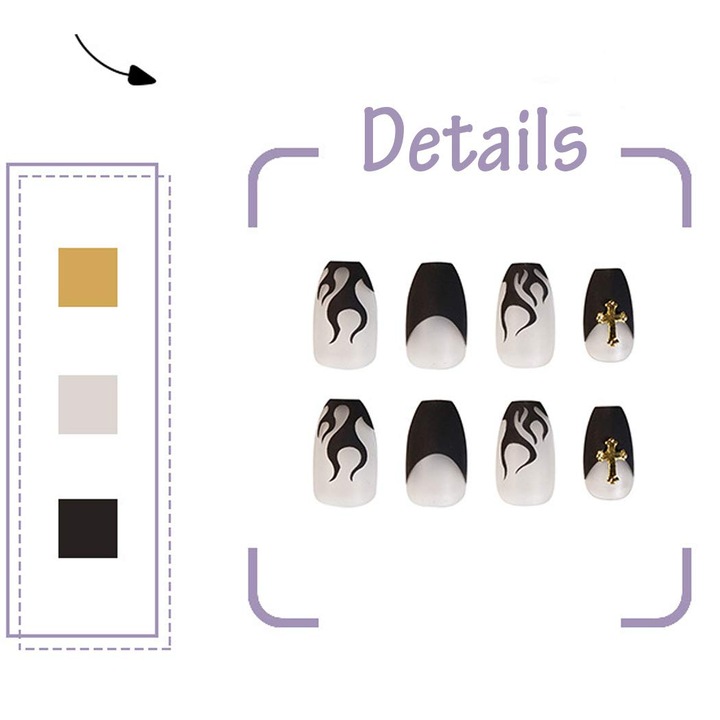 Unghii false tip sicriu Enforose, design unic cu flacari negre, material acrilic ABS, set de unghii