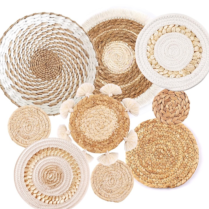 Set 9 cosuri decorative din ratan, decor de perete boho, ecologic, pentru living, dormitor, bucatarie