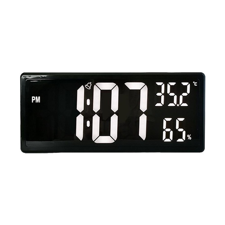 Ceas de perete decorativ, afisaj mare luminos, temperatura si umiditate, lumina de noapte 7 culori, negru