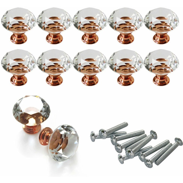 Készlet 10 fogantyú, kristály, 30mm, arany