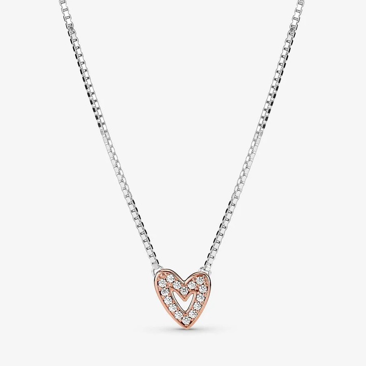 Pandora nyaklánc szív medállal Örökké tiéd 925 ezüstből és 14 karátos rozéaranyból - 45 cm