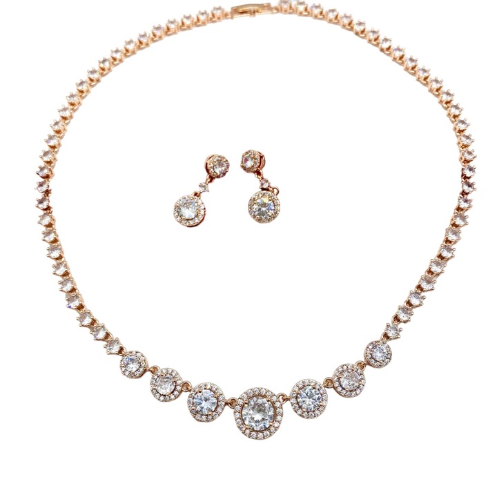 Set bijuterii Jordyn, Rose Gold, format din colier si cercei, de ocazie, cristale rotunde de Zirconiu, Madamme Bijoux