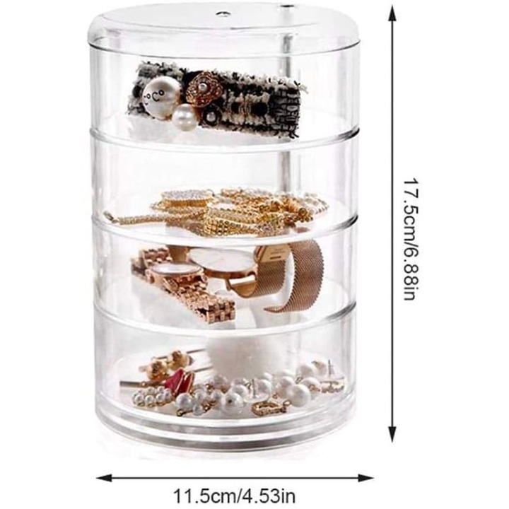 Organizator pentru bijuterii, AMRINUGL, design elegant, material PP transparent, rotativ 360°, portabil