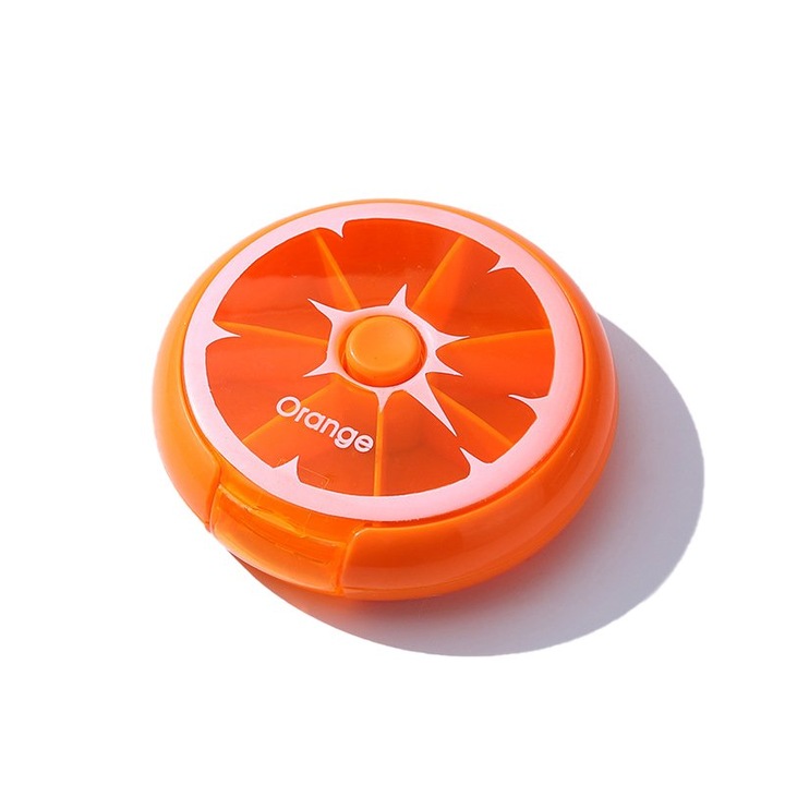 Organizator de pastile, ZOUN, forma portocalie, 7 compartimente, Press Fit, ABS, portocaliu
