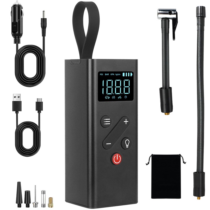 Преносим автомобилен компресор JESWO, 150 PSI, LCD екран, 5000 mAh батерия, черен, 3 м
