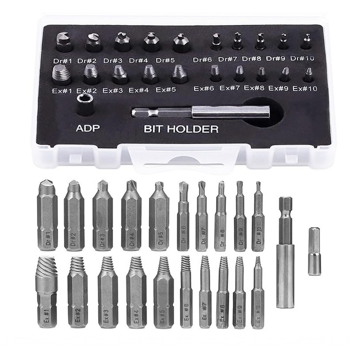 Set 22 piese extractoare suruburi deteriorate, Mini Easy Out, otel rapid HSS 4241, cu adaptor magnetic