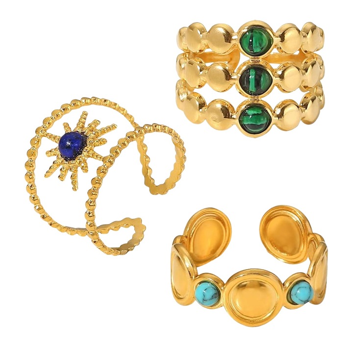 Set 3 Inele Boho Ajustabile, Multicolor|Auriu, 8cm, Inox|Aliaj, Pentru Femei