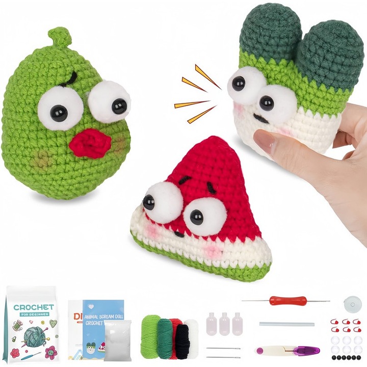 Комплект за плетене на една кука за начинаещи, Amigurumi, 3 бр. Плодове, с видео уроци, многоцветен