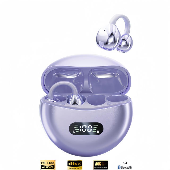 Casti Wireless cu clip, Clip-On, Casti Open-Ear，M79, Bluetooth 5.4， Afisare LED, True Wireless, Control tactil/touch，Rezistente la apa, Sport, Universala，Noise Cancelling, USB-C, Violet