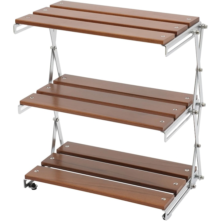 Összecsukható szervező polc kempingezéshez, 3 szintes, természetes fa és rozsdamentes acél, fekete, 33x17,5x34cm