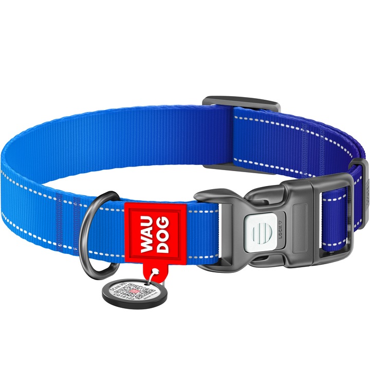 Zgarda pentru caini din nylon WAUDOG Nylon Mono cu pasaport QR, reflectorizanta, cu catarama din plastic, albastru, M, 28-40 cm