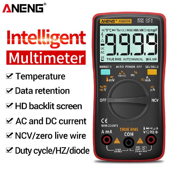 Multimetru multifunctional, ANENG, AN8009, True-RMS, NVC, 1000V, 10A, precis, usor de utilizat