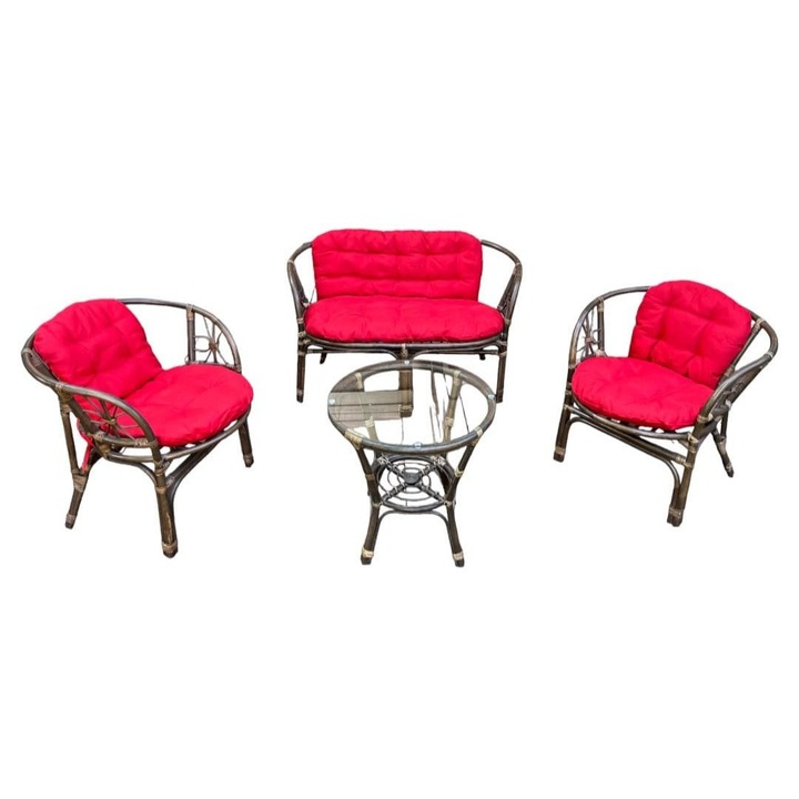 Комплект градински мебели Bali с червени възглавници, 4 части, Здрава и лека рамка, Кафяв, Ратан