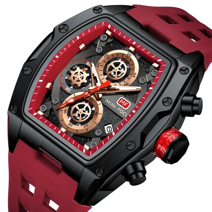 Ceas barbatesc MINI FOCUS, cuart japonez, calendar, cronograf, rosu