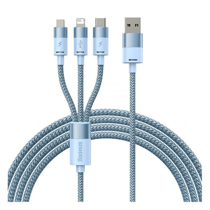 Baseus töltőkábel 3in1, usb - type-c/lightning/microusb, 17w gyorstöltő, 120cm, cipőfűző, világoskék