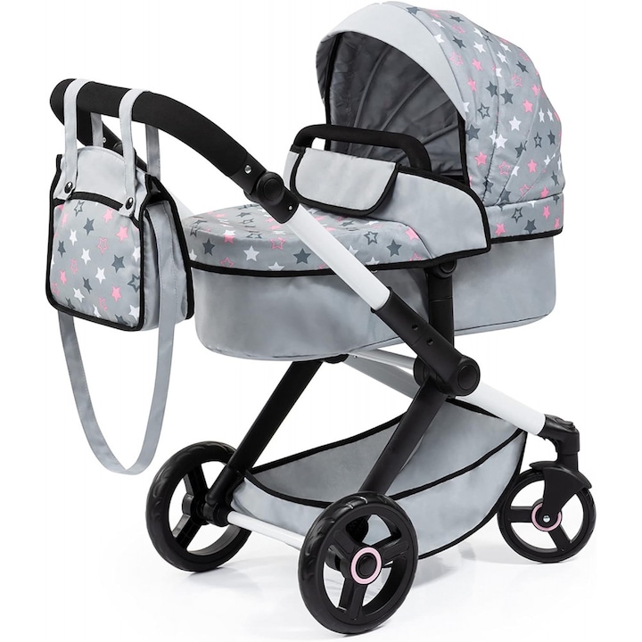 Carucior transformabil 2in1 pentru papusi Bayer Xeo Grey Stars cu gentuta de umar, maner reglabil 58-71 cm, roti pivotante rezistente, cadru pliabil, pentru papusi de maxim 56cm, dimensiune 68x37x73 cm