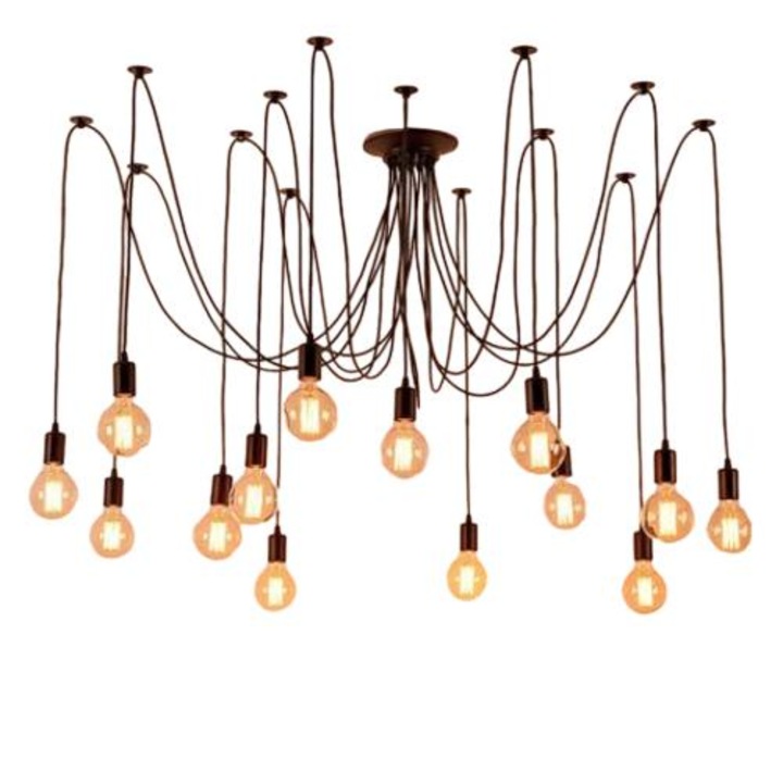 Candelabru tip panza de paianjen, Retro industrial, negru, cablu ajustabil 2m, 14 brate, fara bec