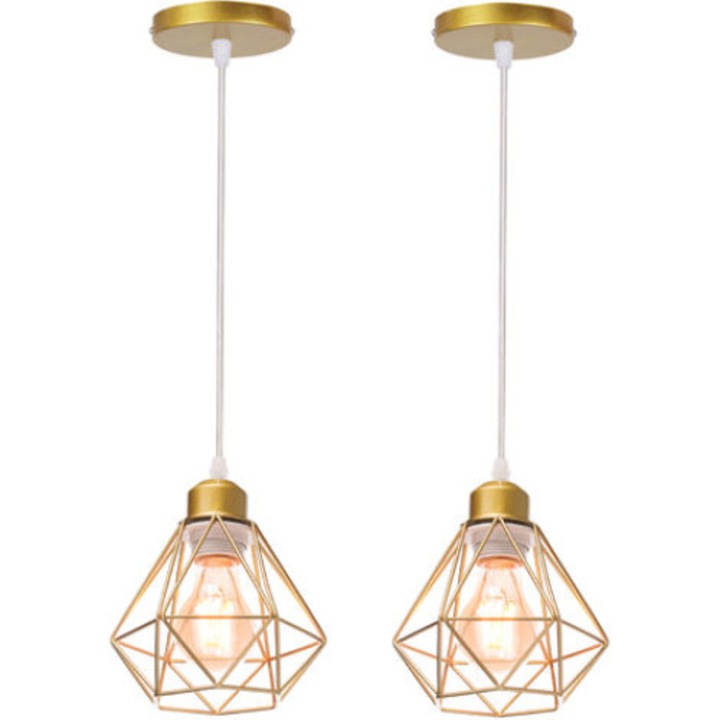 Set 2 Lampadare, Vintage Industrial, Metalic Auriu, 16x17cm, Cablu 100cm
