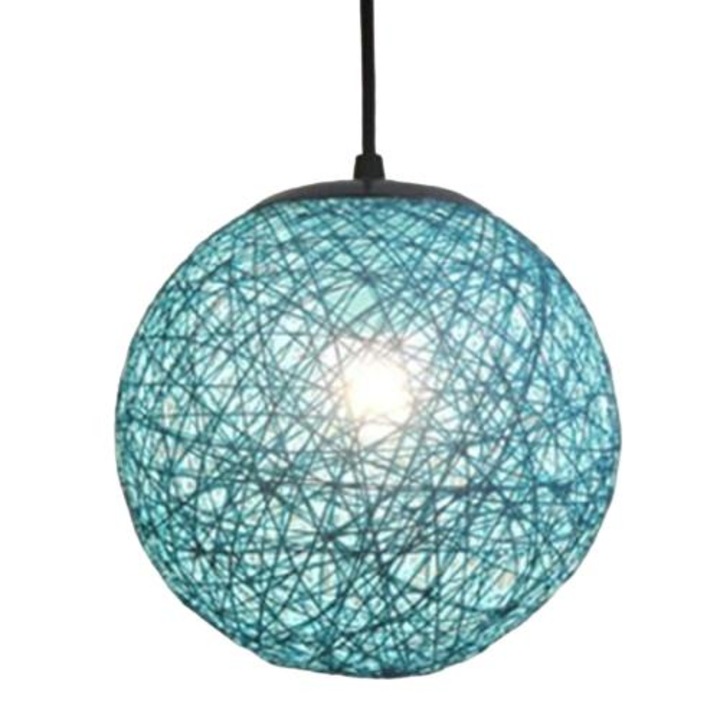 Lustra retro din ratan, albastru, 15x15cm, baza argintie, fir reglabil 100cm, E27